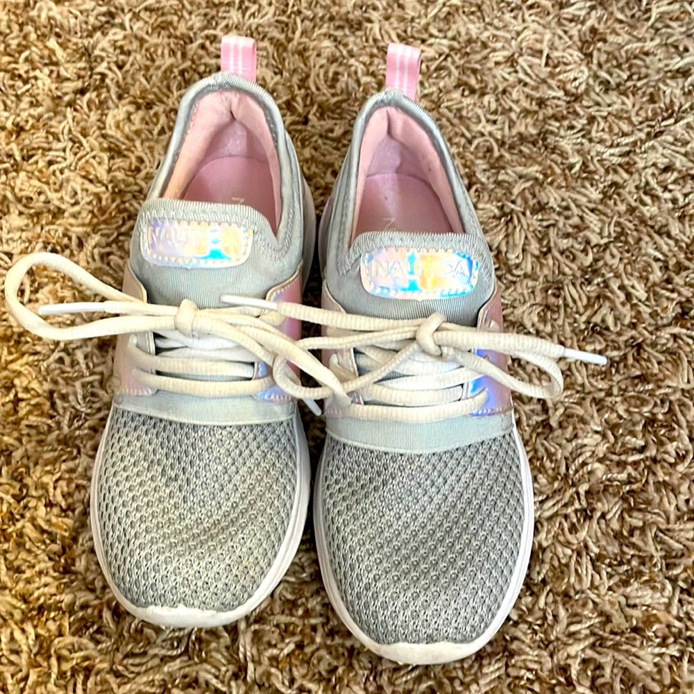 Nautical slip on tennis shoes. Worn like twice. Size 1 silver and pink.